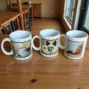 Lot of 3 Vintage 1986 Lowell Herrero Vandor mugs sheepdog, tabby, & Siamese MCM